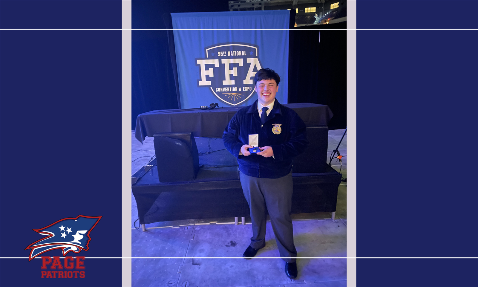 Bryson Boone holds an award from the FFA national convention